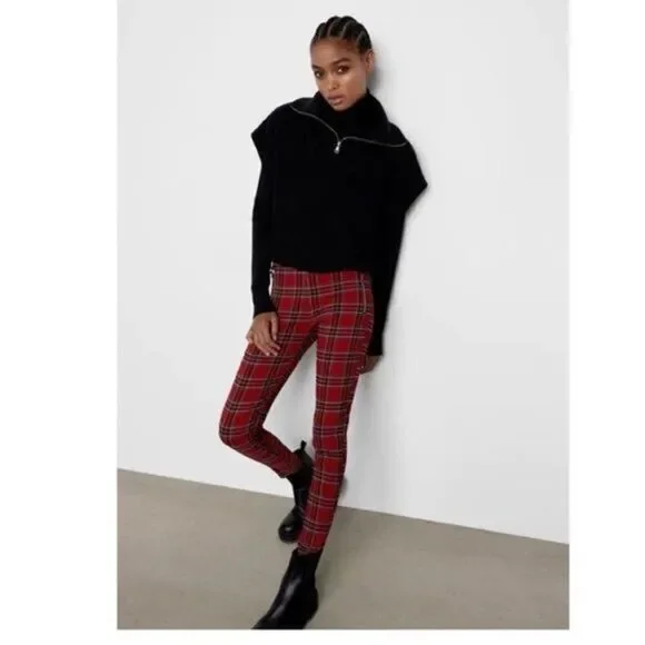 Zara red plaid zipper front pull on skinny pants xs - Picture 9 of 9